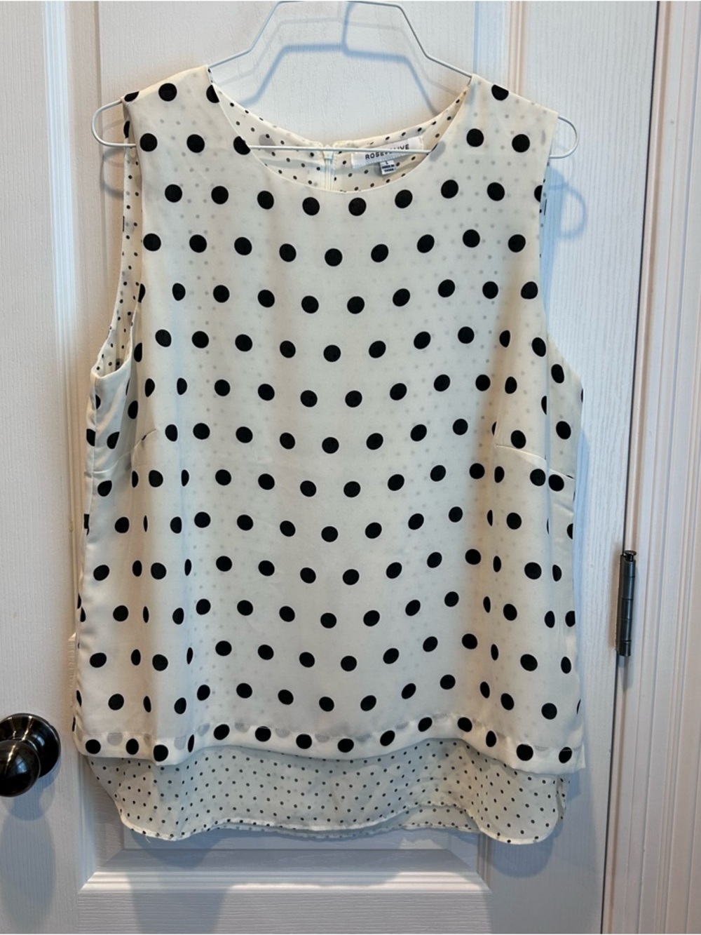Rose + Olive Women’s Polka Dot Sleeveless Blouse in Ivory and Black Back Zip LG